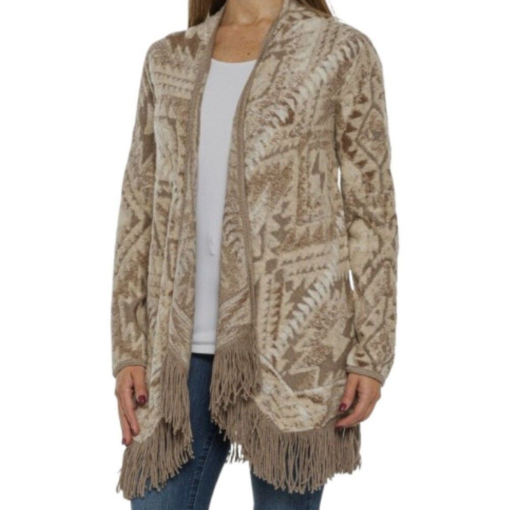 Lucky Brand Womens Aztec Fringe Cardigan Sweater Tan Beige Boho Size L